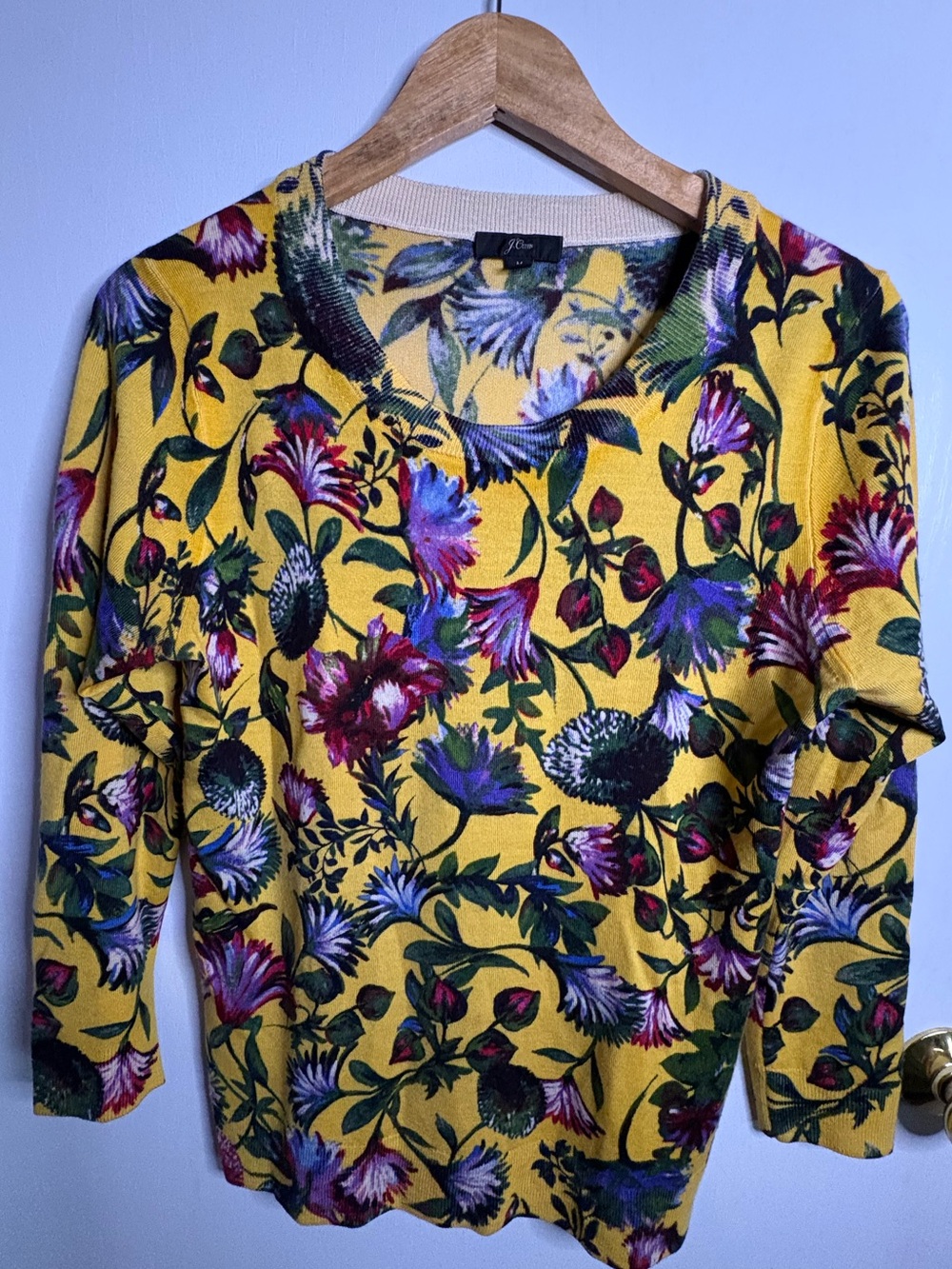 J. Crew Merino Wool Yellow Floral Crewneck Sweater Preppy Fairy Gardencore
